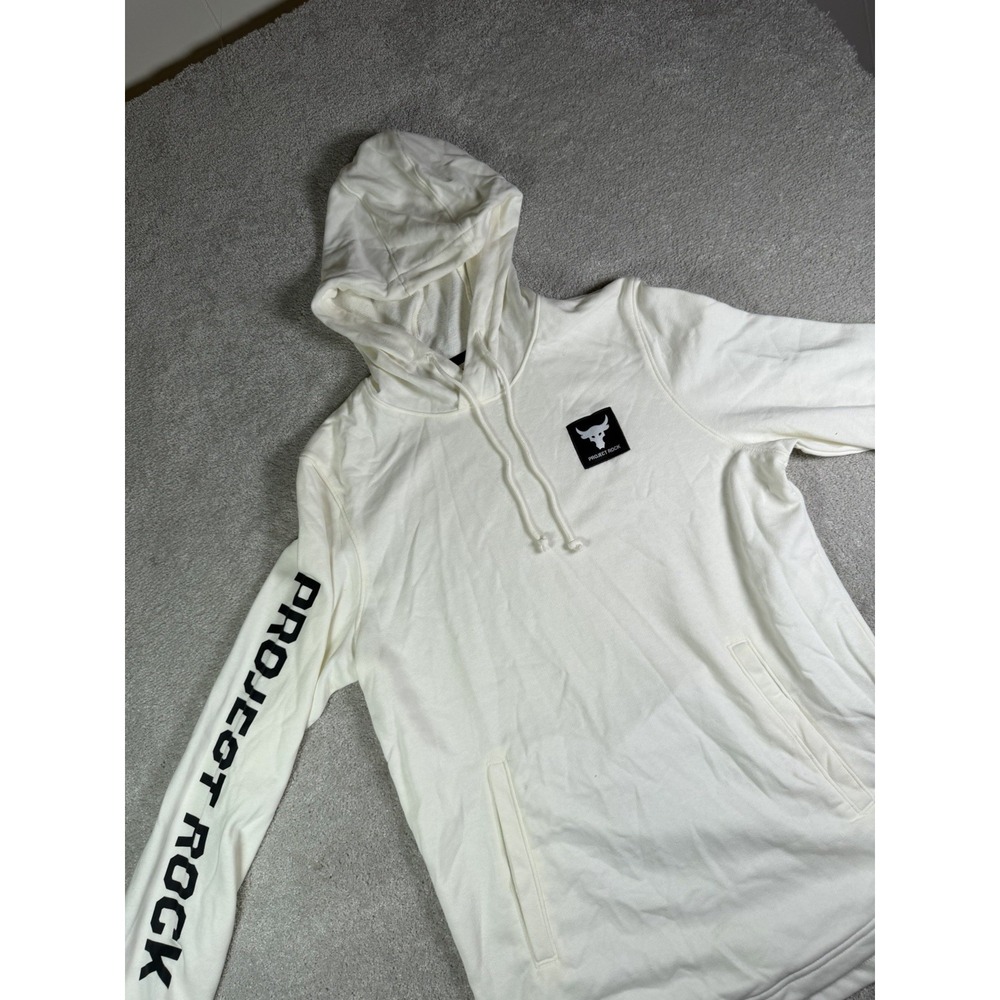 Under Armour Men's Project Rock Terry Hoodie Ivory/Black - Size Small Gym Train